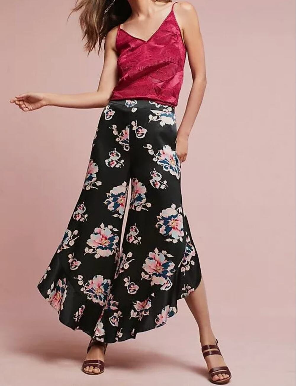 ANTHROPOLOGIE Elevenses NWT Tansy Black Floral Wide Leg Ruffle Pants // 14